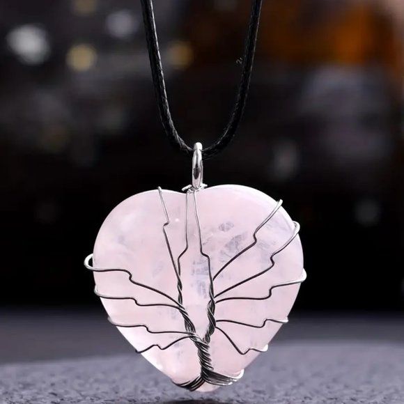 Rose Quartz Heart Shaped Natural Gemstone Tree Of Life Wire Wrap Pendant - Picture 2 of 2